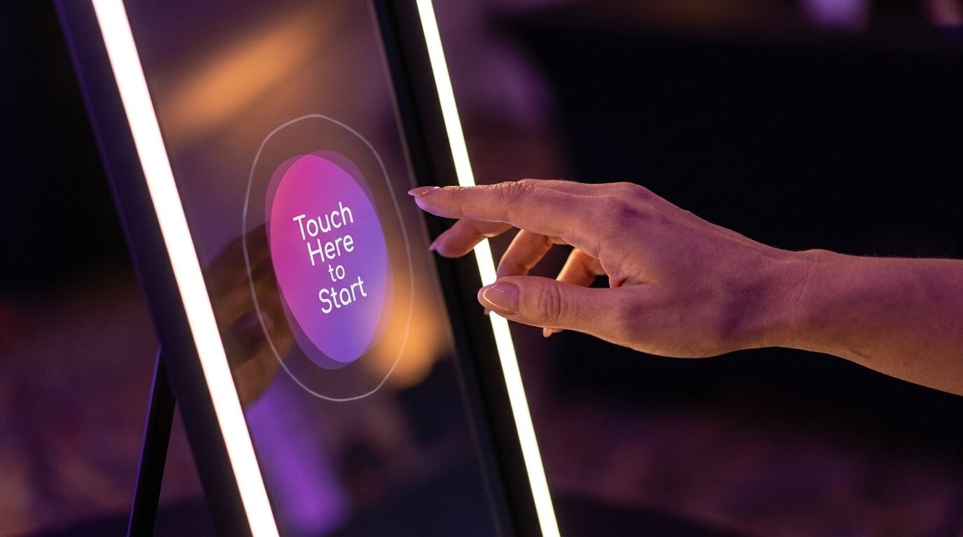 Interface close-up — guests interacting with the Magic Mirror touchscreen